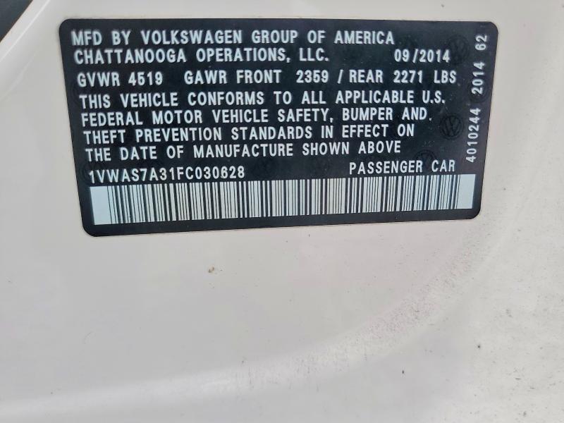 63605646 :رقم المزاد ، 1VWAS7A31FC030628 vin ، 2015 Volkswagen Passat مزاد بيع