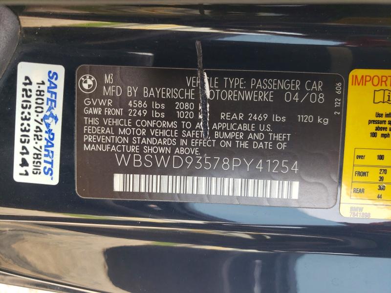 59859656 :رقم المزاد ، WBSWD93578PY41254 vin ، 2008 Bmw M3 مزاد بيع