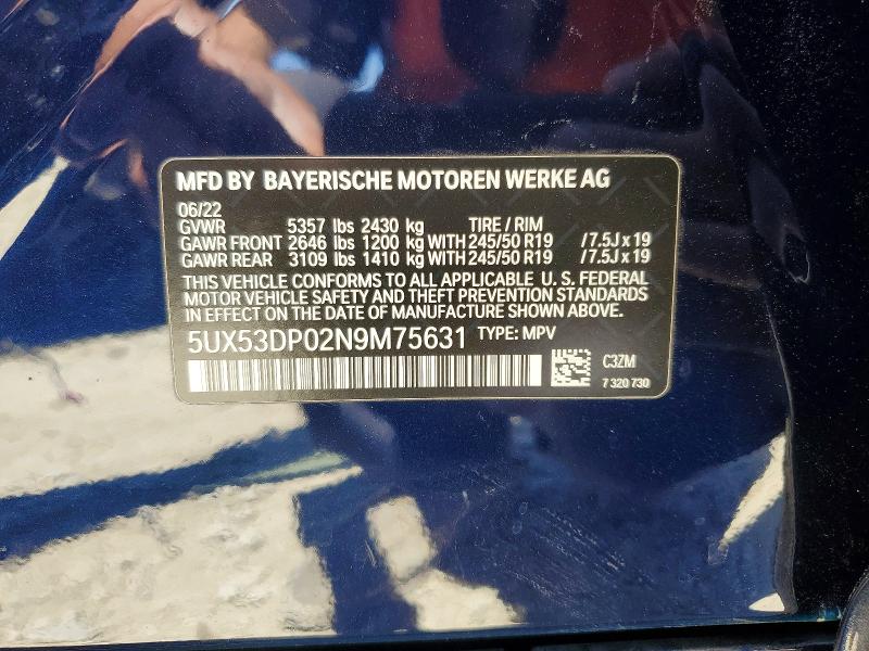 Aukcja sprzedaży 2022 Bmw X3, vin: 5UX53DP02N9M75631, numer aukcji: 59391916