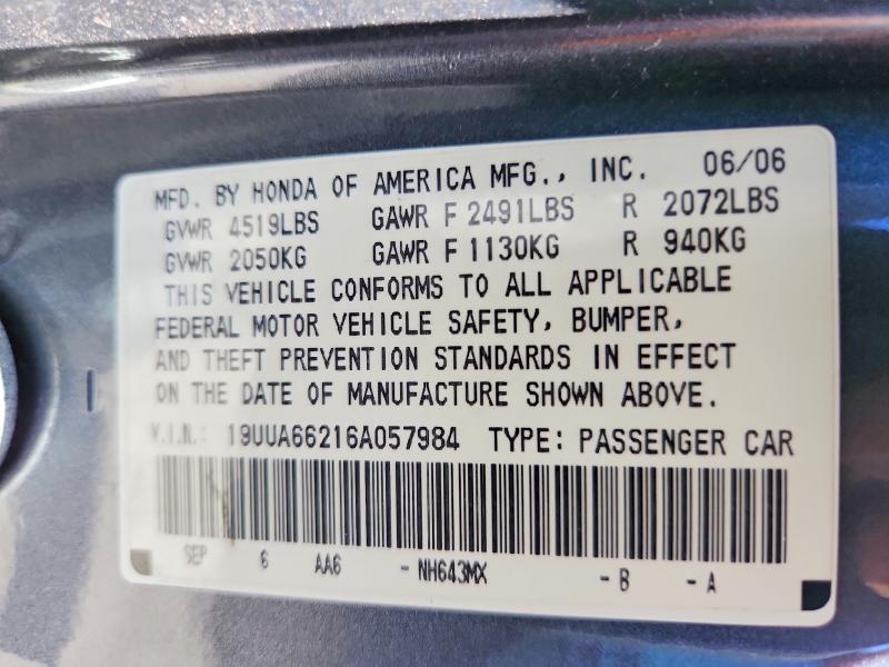61019706 :رقم المزاد ، 19UUA66216A057984 vin ، 2006 Acura 3.2tl مزاد بيع