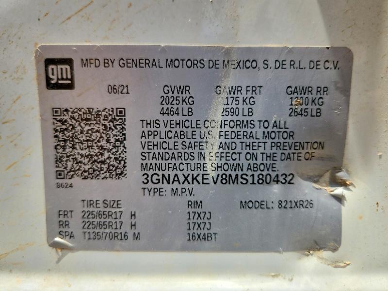 Aukcja sprzedaży 2021 Chevrolet Equinox, vin: 3GNAXKEV8MS180432, numer aukcji: 57564556