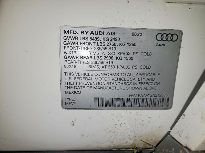 60239116 :رقم المزاد ، WA1EAAFY2N2129353 vin ، 2022 Audi Q5 مزاد بيع