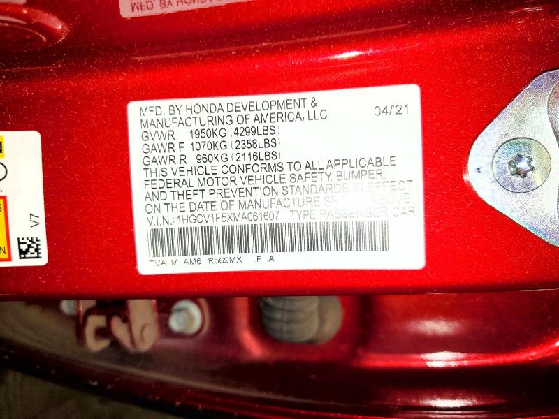 60448896 :رقم المزاد ، 1HGCV1F5XMA061607 vin ، 2021 Honda Accord مزاد بيع