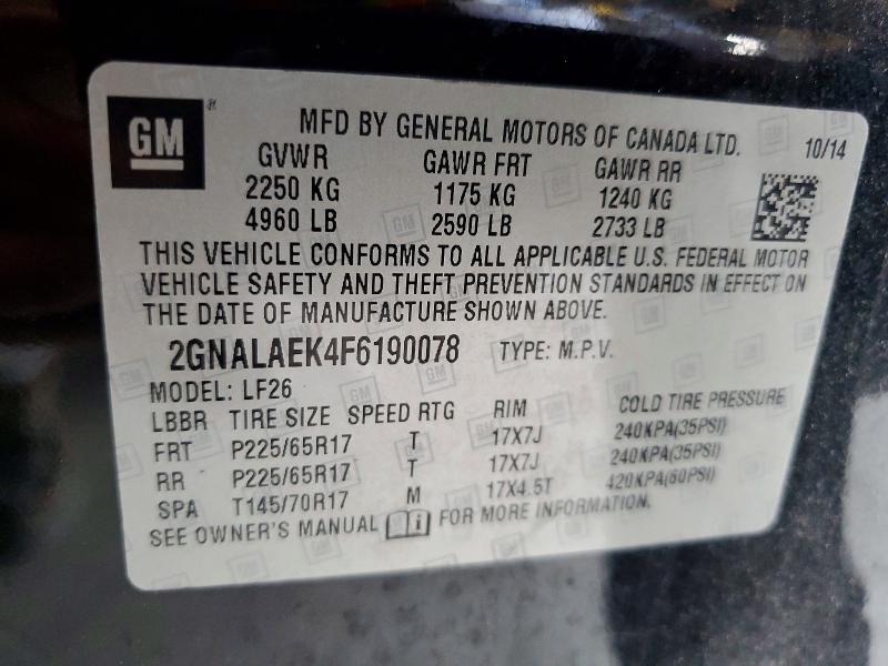 Продажа на аукционе авто 2015 Chevrolet Equinox, vin: 2GNALAEK4F6190078, номер лота: 59919496