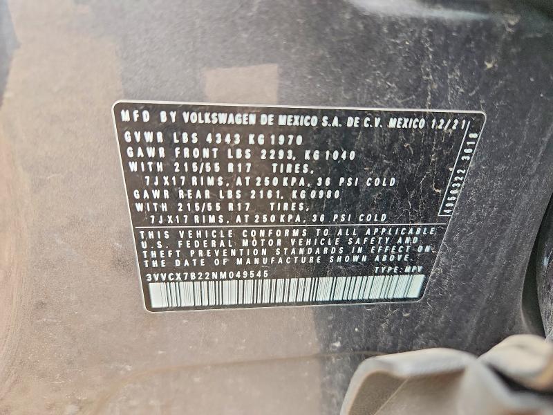 2022 Volkswagen Taos მანქანა იყიდება აუქციონზე, vin: 3VVCX7B22NM049545, აუქციონის ნომერი: 60797536