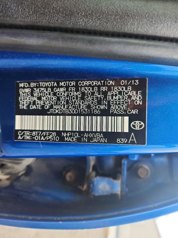 Auction sale of the 2013 Toyota Prius C, vin: JTDKDTB30D1531186, lot number: 62855596