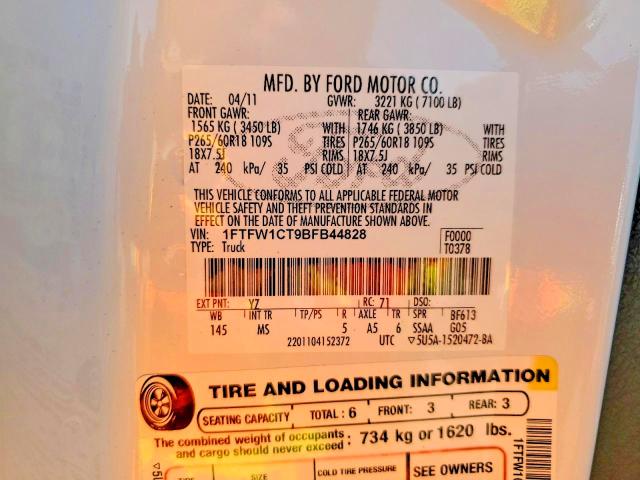 2011 Ford F150 მანქანა იყიდება აუქციონზე, vin: 1FTFW1CT9BFB44828, აუქციონის ნომერი: 60868616