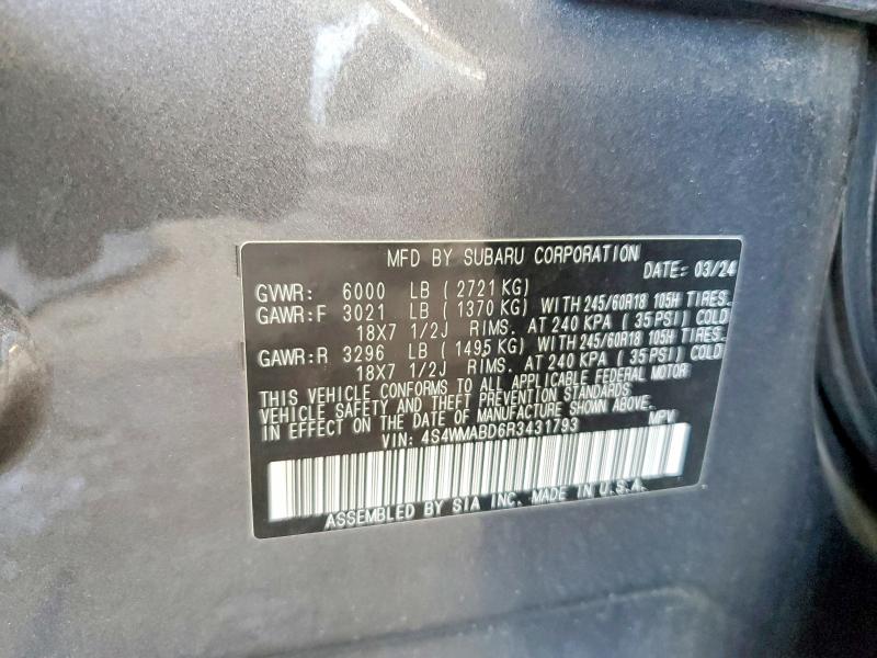 62428736 :رقم المزاد ، 4S4WMABD6R3431793 vin ، 2024 Subaru Ascent مزاد بيع