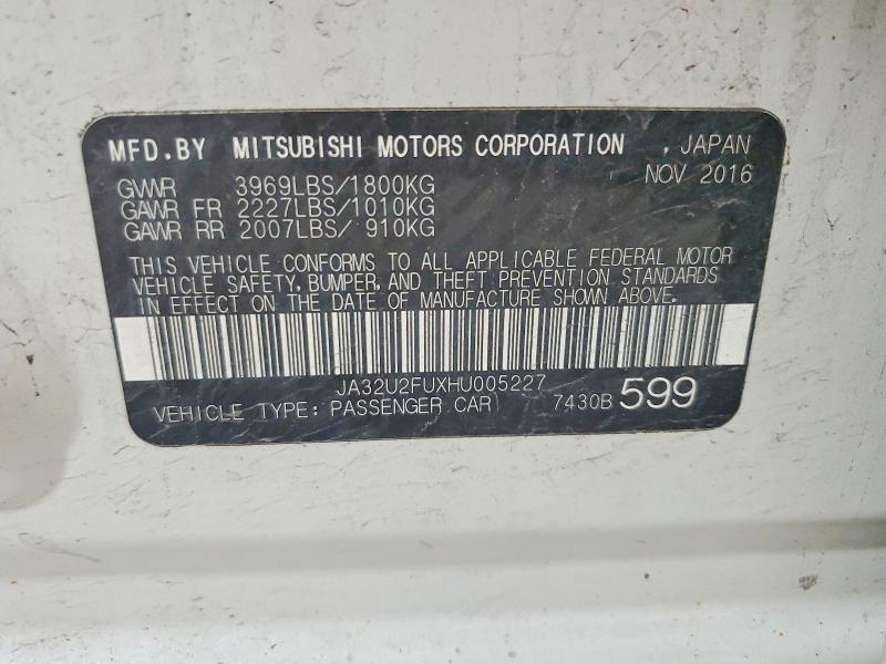Aukcja sprzedaży 2017 Mitsubishi Lancer, vin: JA32U2FUXHU005227, numer aukcji: 59692416