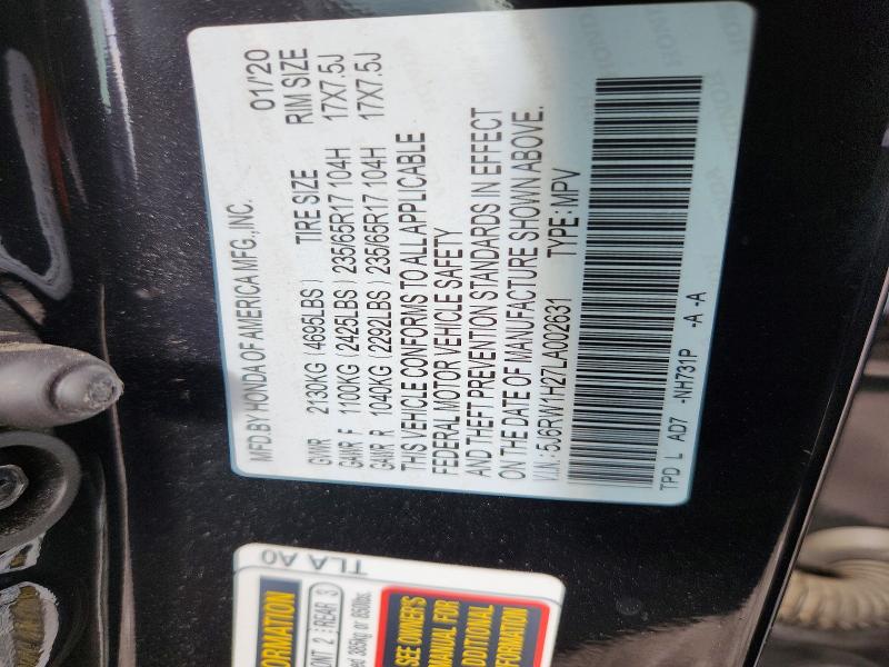 63201826 :رقم المزاد ، 5J6RW1H27LA002631 vin ، 2020 Honda Cr-v مزاد بيع