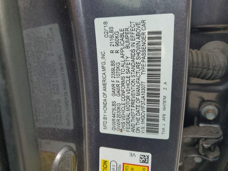 2018 Honda Accord მანქანა იყიდება აუქციონზე, vin: 1HGCV1F37JA103077, აუქციონის ნომერი: 62302716