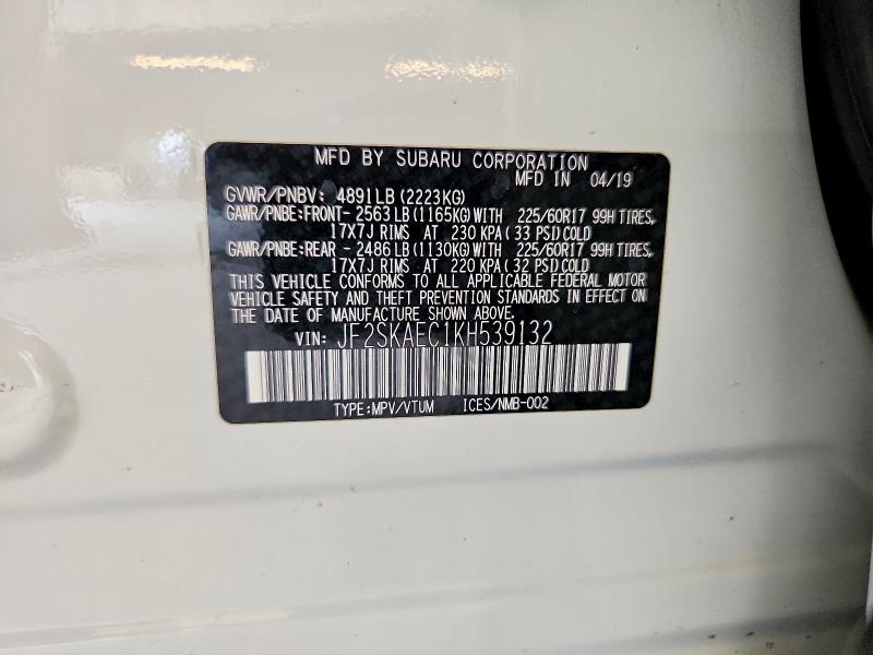2019 Subaru Forester მანქანა იყიდება აუქციონზე, vin: JF2SKAEC1KH539132, აუქციონის ნომერი: 62017176