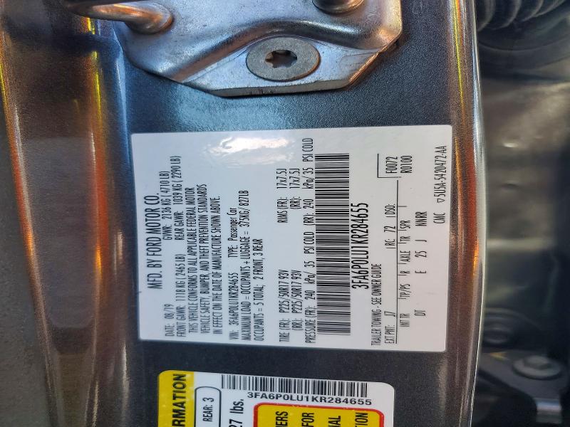 2019 Ford Fusion მანქანა იყიდება აუქციონზე, vin: 3FA6P0LU1KR284655, აუქციონის ნომერი: 60228966