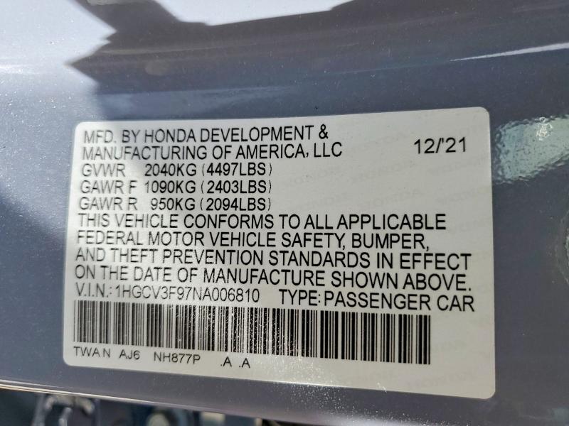Aukcja sprzedaży 2022 Honda Accord, vin: 1HGCV3F97NA006810, numer aukcji: 59649666