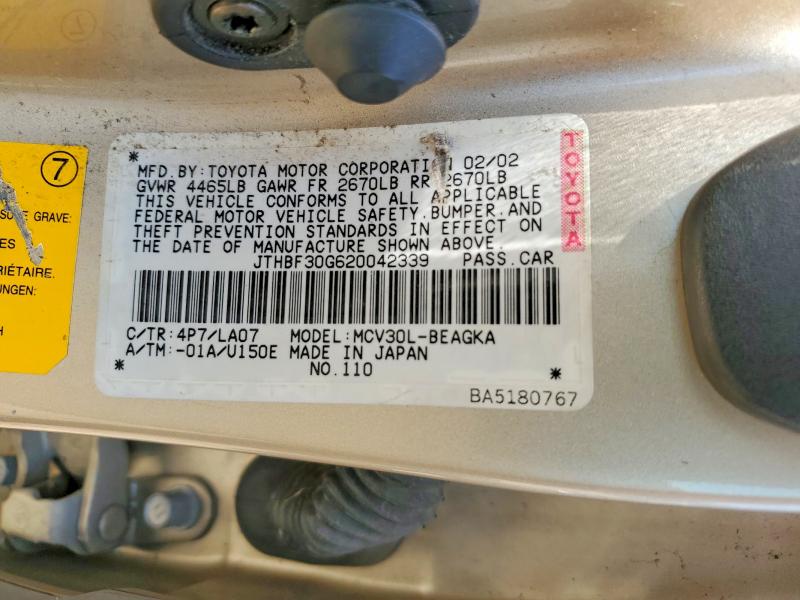 2002 Lexus Es მანქანა იყიდება აუქციონზე, vin: JTHBF30G620042339, აუქციონის ნომერი: 59583376