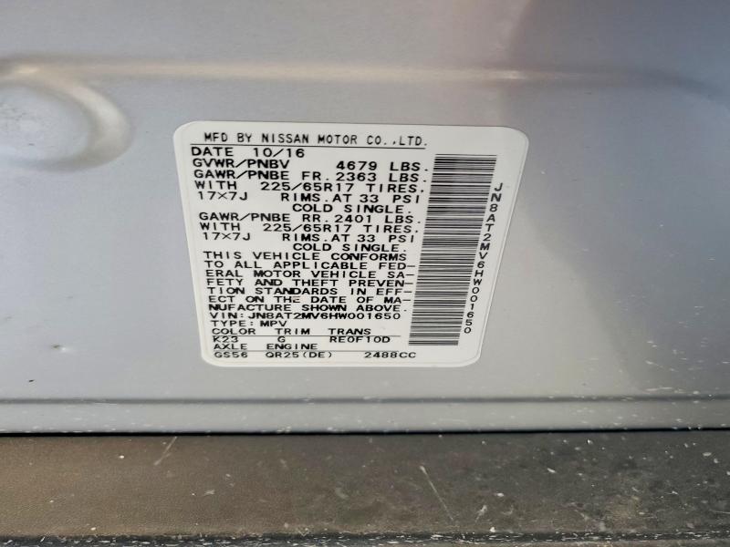 2017 Nissan Rogue მანქანა იყიდება აუქციონზე, vin: JN8AT2MV6HW001650, აუქციონის ნომერი: 59971676