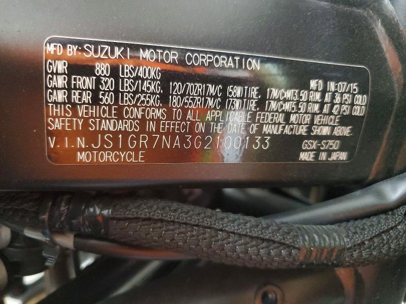 Продажа на аукционе авто 2016 Suzuki Gsx-s750, vin: JS1GR7NA3G2100133, номер лота: 63148326