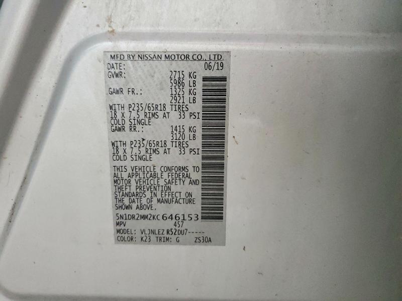 Aukcja sprzedaży 2019 Nissan Pathfinder, vin: 5N1DR2MM2KC646153, numer aukcji: 59315226