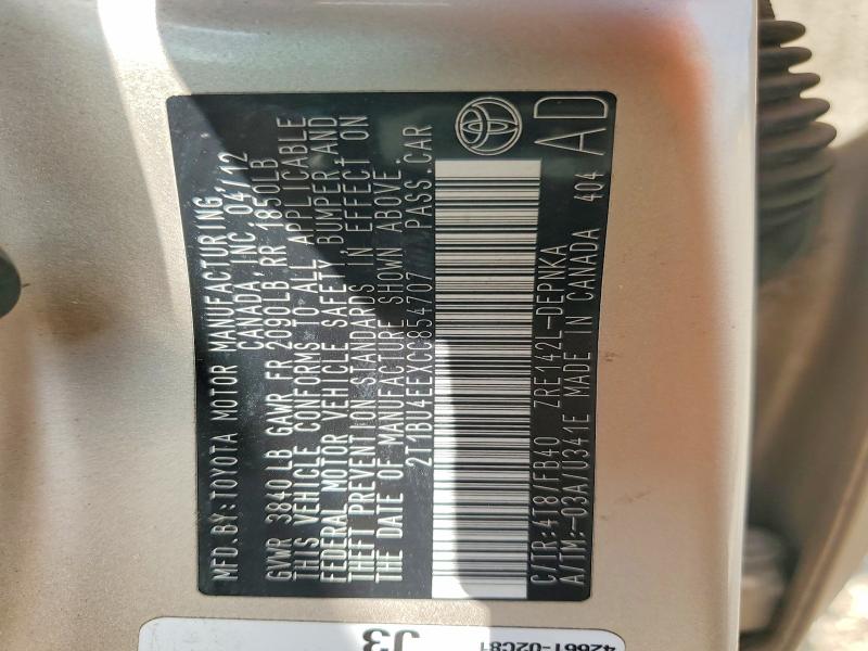60792986 :رقم المزاد ، 2T1BU4EEXCC854707 vin ، 2012 Toyota Corolla مزاد بيع