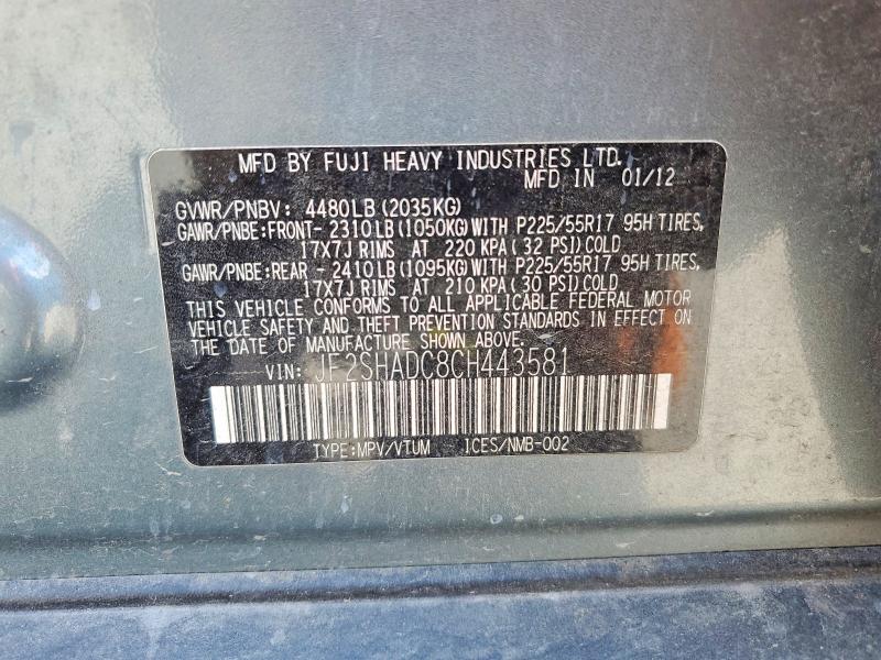 Aukcja sprzedaży 2012 Subaru Forester, vin: JF2SHADC8CH443581, numer aukcji: 61365906
