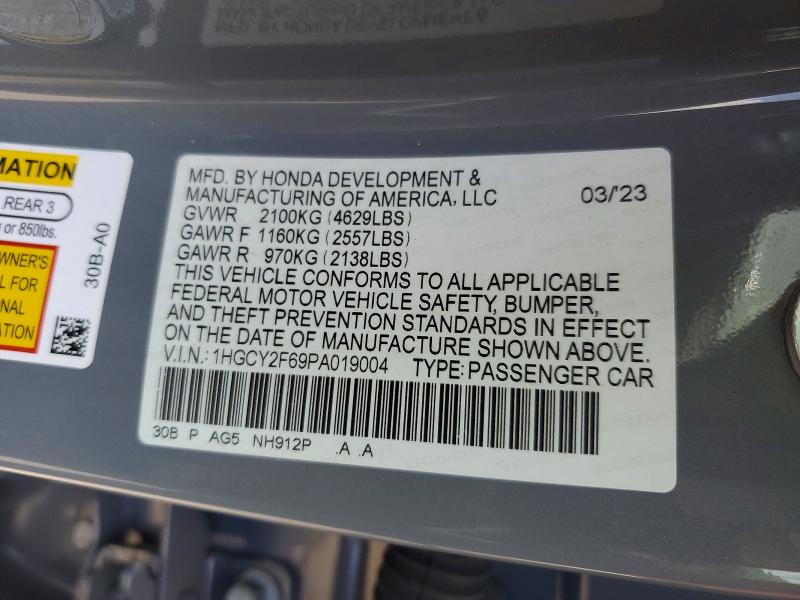 2023 Honda Accord მანქანა იყიდება აუქციონზე, vin: 1HGCY2F69PA019004, აუქციონის ნომერი: 63343926