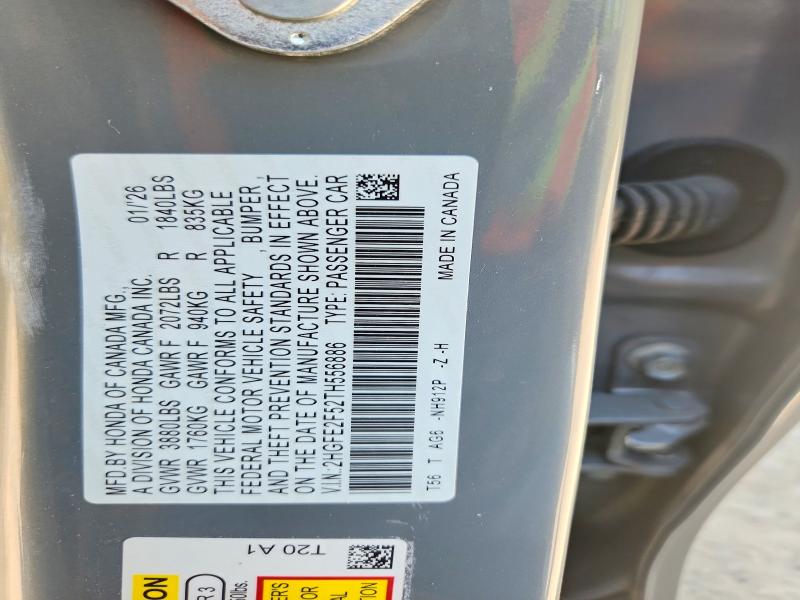 Продаж на аукціоні авто 2026 Honda Civic, vin: 2HGFE2F52TH556886, номер лоту: 59730556
