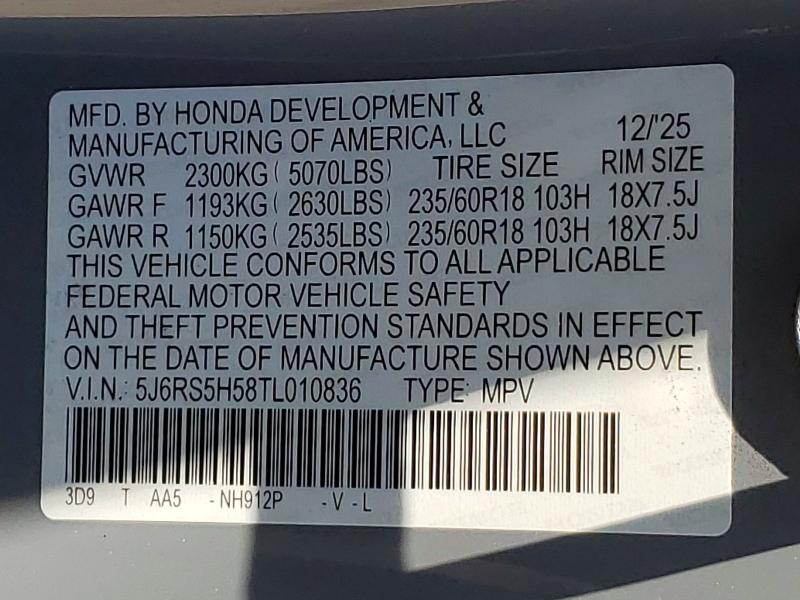 61958446 :رقم المزاد ، 5J6RS5H58TL010836 vin ، 2026 Honda Cr-v مزاد بيع