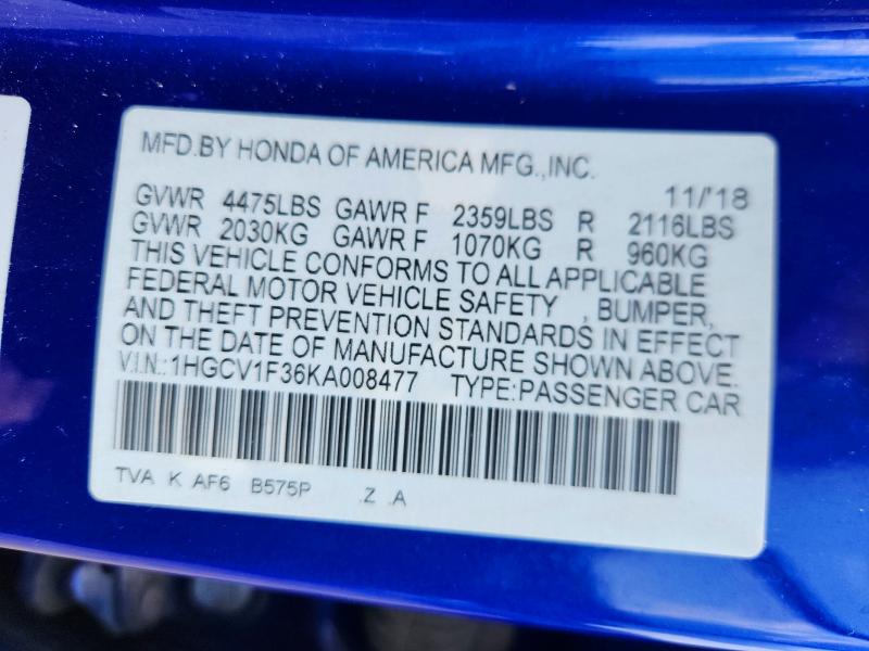 Продажа на аукционе авто 2019 Honda Accord, vin: 1HGCV1F36KA008477, номер лота: 63038306