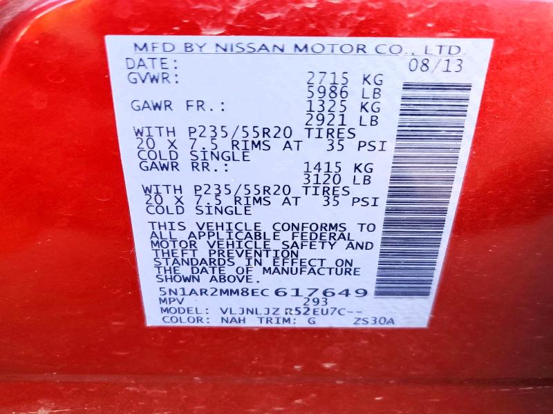 2014 Nissan Pathfinder მანქანა იყიდება აუქციონზე, vin: 5N1AR2MM8EC617649, აუქციონის ნომერი: 62872916