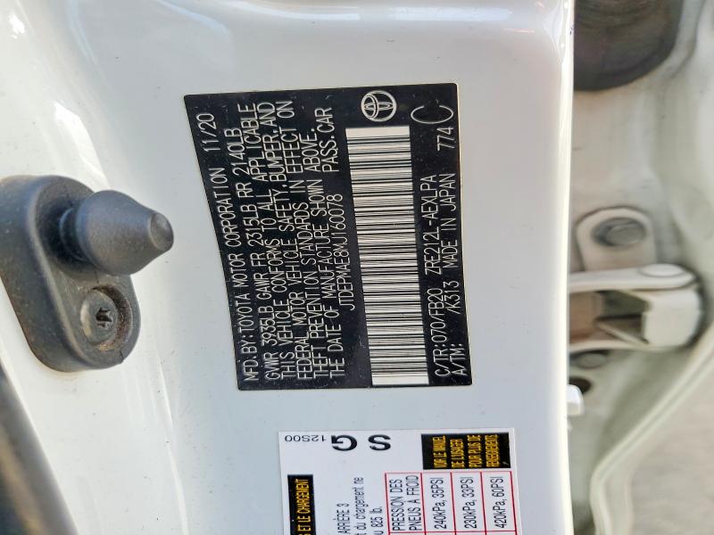 2021 Toyota Corolla მანქანა იყიდება აუქციონზე, vin: JTDEPMAE8MJ160078, აუქციონის ნომერი: 61571336