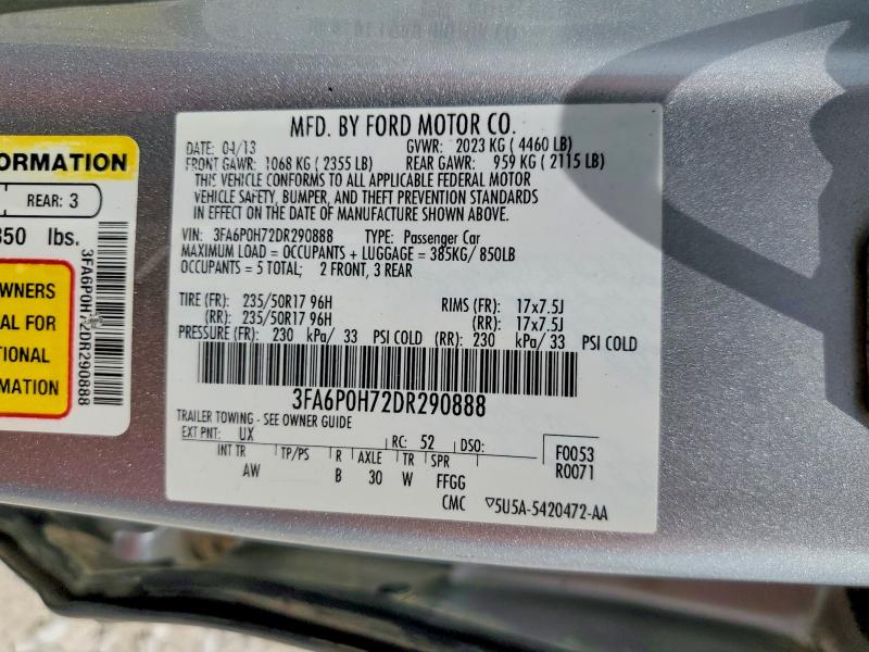61563796 :رقم المزاد ، 3FA6P0H72DR290888 vin ، 2013 Ford Fusion مزاد بيع