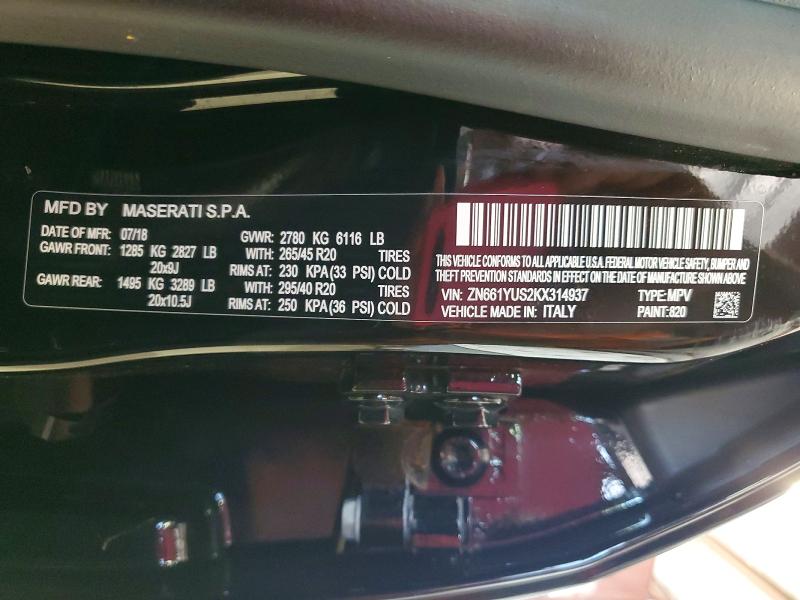 Aukcja sprzedaży 2019 Maserati Levante, vin: ZN661YUS2KX314937, numer aukcji: 59794216