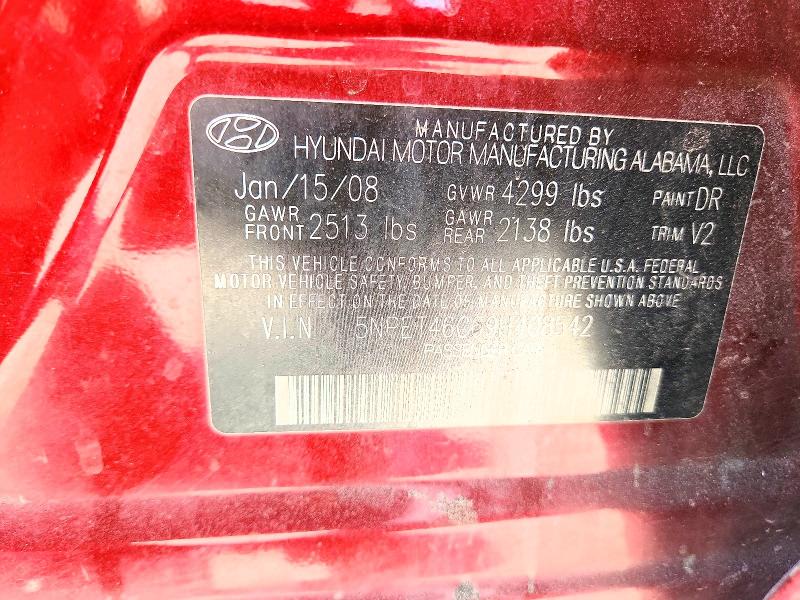 2009 Hyundai Sonata მანქანა იყიდება აუქციონზე, vin: 5NPET46C69H408542, აუქციონის ნომერი: 61972646