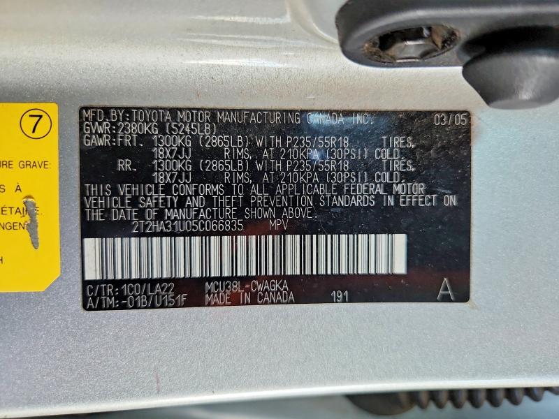 61577046 :رقم المزاد ، 2T2HA31U05C066835 vin ، 2005 Lexus Rx مزاد بيع