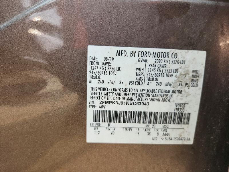 61350656 :رقم المزاد ، 2FMPK3J91KBC63943 vin ، 2019 Ford Edge مزاد بيع