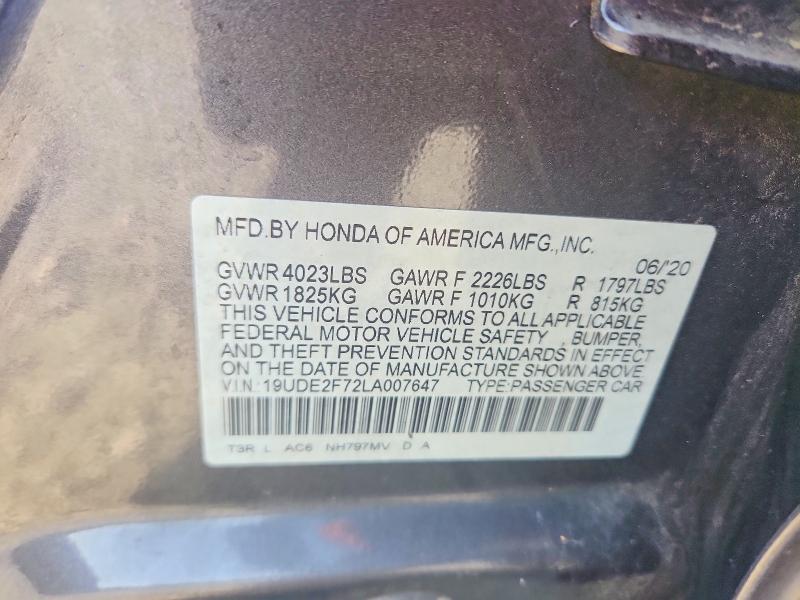 58811616 :رقم المزاد ، 19UDE2F72LA007647 vin ، 2020 Acura Ilx مزاد بيع