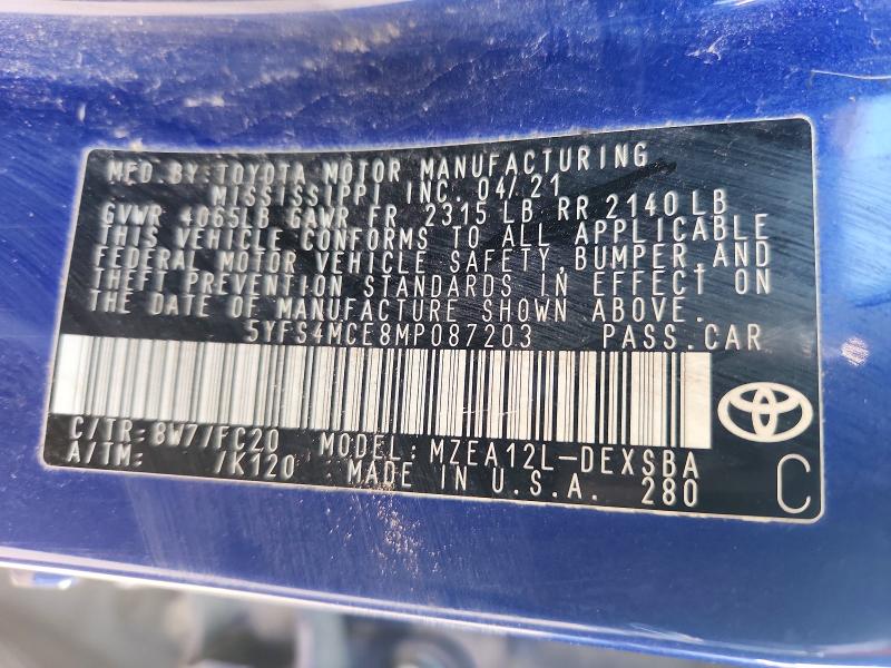 2021 Toyota Corolla მანქანა იყიდება აუქციონზე, vin: 5YFS4MCE8MP087203, აუქციონის ნომერი: 85992855