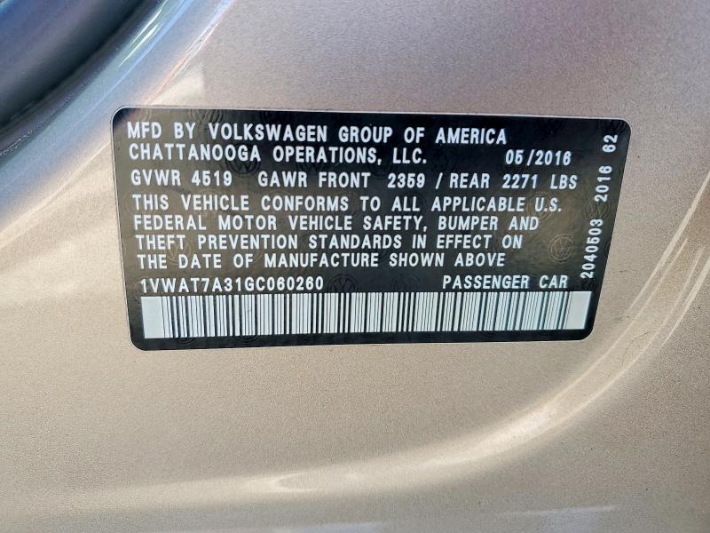 Aukcja sprzedaży 2016 Volkswagen Passat, vin: 1VWAT7A31GC060260, numer aukcji: 59911176