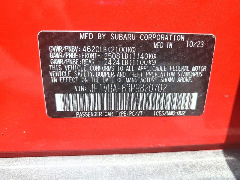 Aukcja sprzedaży 2023 Subaru Wrx, vin: JF1VBAF63P9820702, numer aukcji: 61886486