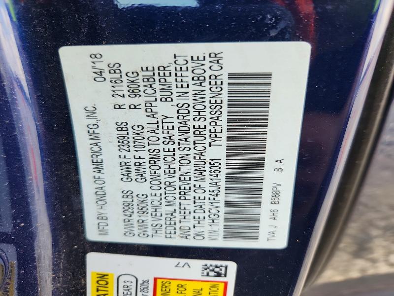 61114456 :رقم المزاد ، 1HGCV1F45JA146051 vin ، 2018 Honda Accord مزاد بيع