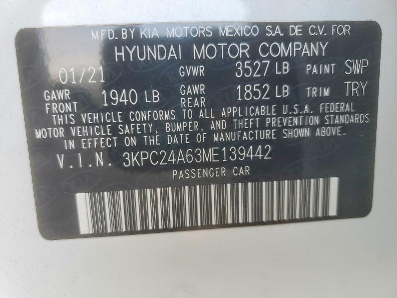2021 Hyundai Accent მანქანა იყიდება აუქციონზე, vin: 3KPC24A63ME139442, აუქციონის ნომერი: 62566766