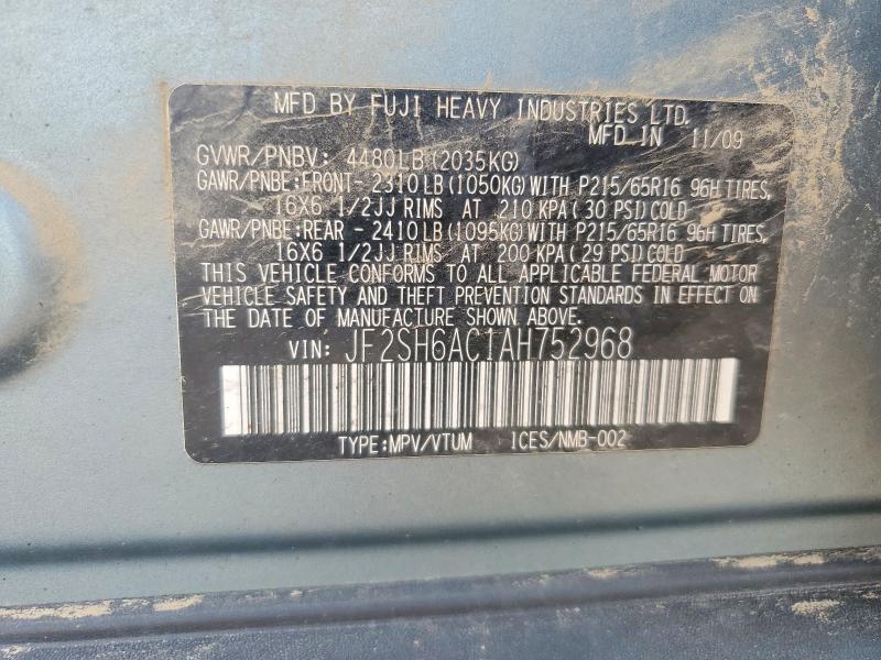 2010 Subaru Forester მანქანა იყიდება აუქციონზე, vin: JF2SH6AC1AH752968, აუქციონის ნომერი: 62902846