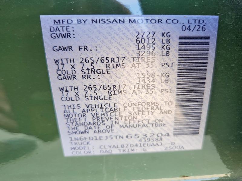 62882146 :رقم المزاد ، 1N6ED1EJ5TN653204 vin ، 2026 Nissan Frontier مزاد بيع