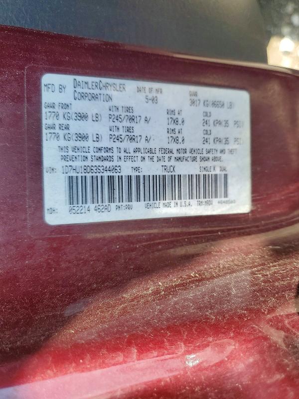 2003 Dodge Ram 1500 მანქანა იყიდება აუქციონზე, vin: 1D7HU18D63S344063, აუქციონის ნომერი: 60039656