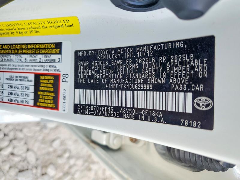 Продажа на аукционе авто 2012 Toyota Camry, vin: 4T1BF1FK1CU629989, номер лота: 62793166