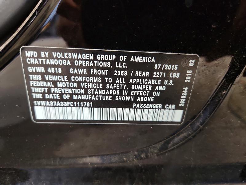 61851476 :رقم المزاد ، 1VWAS7A33FC111761 vin ، 2015 Volkswagen Passat مزاد بيع