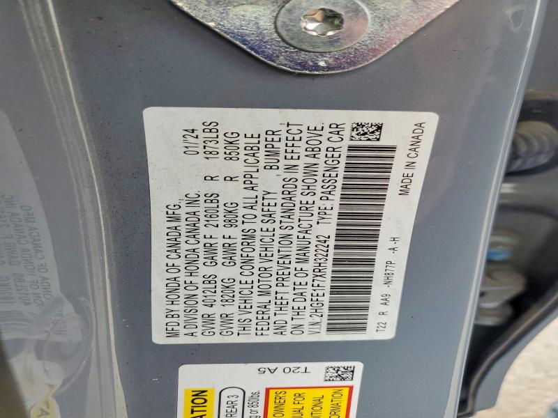62922016 :رقم المزاد ، 2HGFE1F7XRH322242 vin ، 2024 Honda Civic مزاد بيع