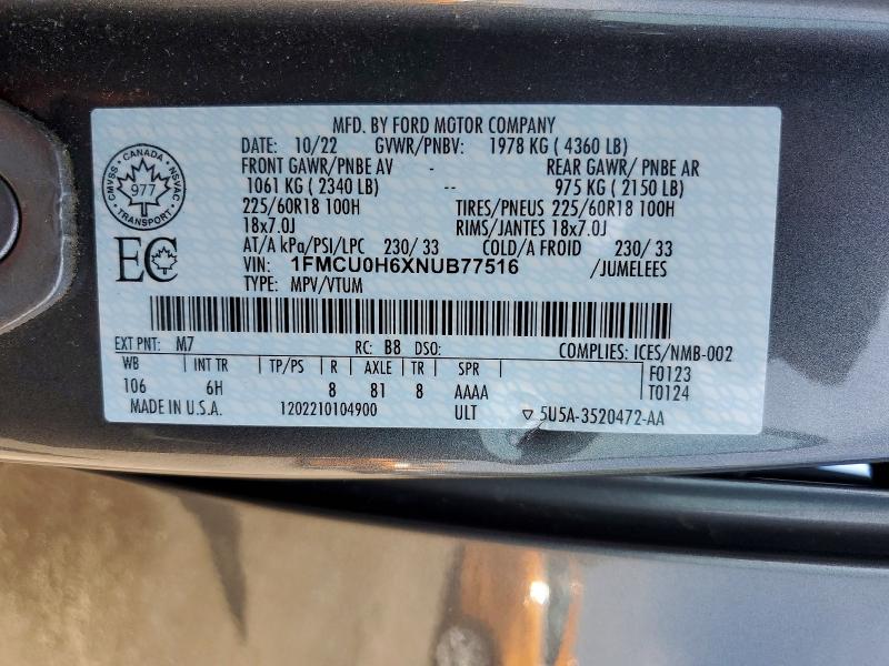 Продаж на аукціоні авто 2022 Ford Escape, vin: 1FMCU0H6XNUB77516, номер лоту: 61532826