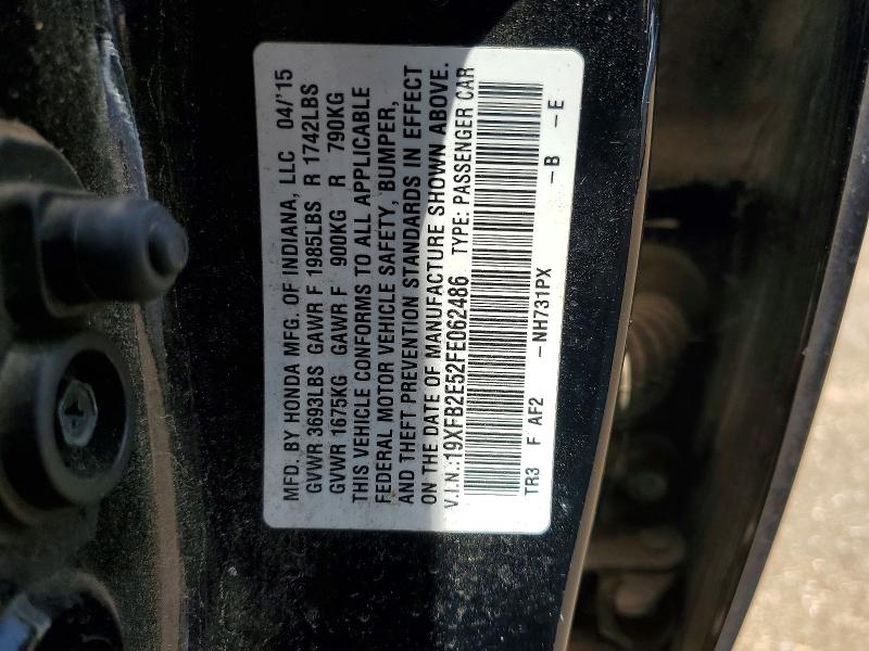 2015 Honda Civic მანქანა იყიდება აუქციონზე, vin: 19XFB2E52FE062486, აუქციონის ნომერი: 63121066