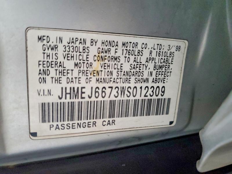 Продаж на аукціоні авто 1998 Honda Civic, vin: JHMEJ6673WS012309, номер лоту: 60039626